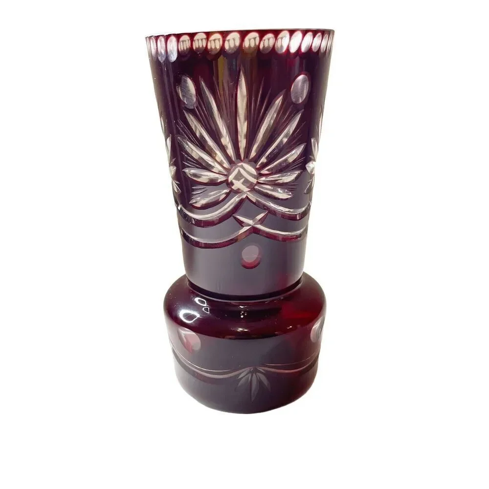 Vintage Bohemian Ruby Red Vase‎ Cut To Clear Crystal Etched Decorative Glassware